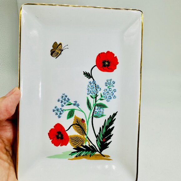 Rifle Paper Co Poppy Botanical Ceramic Catchall Tray/Dish Gold Rim 6.5 x 4.5 in - Picture 7 of 12